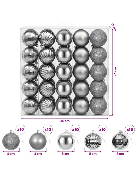 Set di Palline di Natale 50 pz Grigio 8 cm Polistirolo