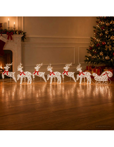 Renna di Natale con slitta 7 pz 140 LED Bianco freddo