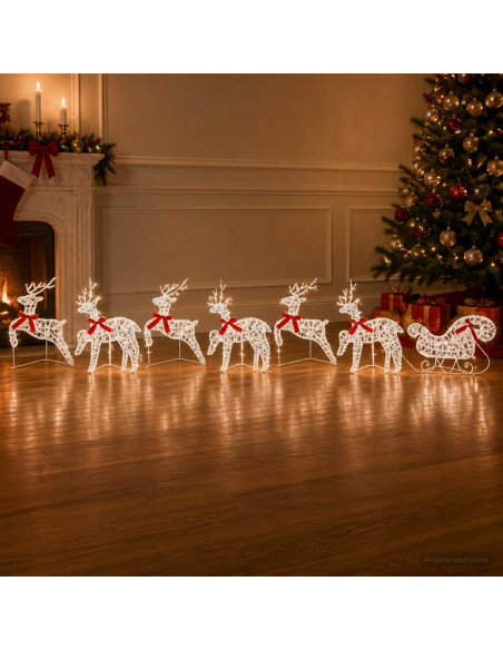Renna di Natale con slitta 7 pz 140 LED Bianco freddo