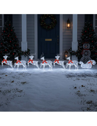 Renna di Natale con slitta 7 pz 140 LED Bianco freddo