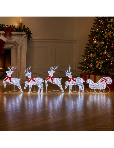 Renna di Natale con slitta 5 pz 100 LED Bianco freddo