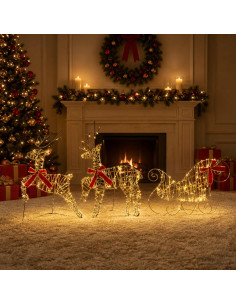 Renna di Natale con slitta 3 pz 60 LED Bianco caldo
