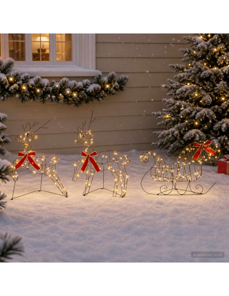 Renna di Natale con slitta 3 pz 140 LED Bianco caldo