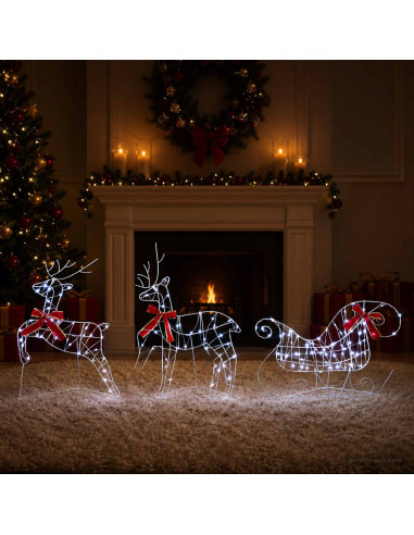 Renna di Natale con slitta 3 pz 140 LED Bianco freddo