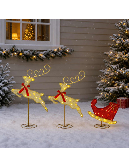 Renna di Natale con slitta 3 pz 72 LED Bianco caldo