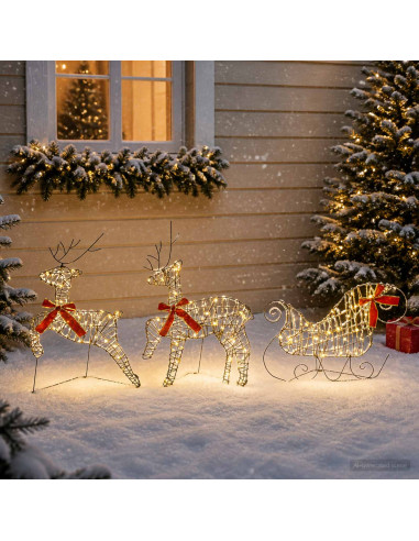 Renna di Natale con slitta 3 pz 60 LED Bianco caldo
