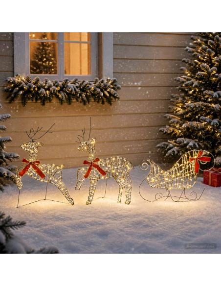 Renna di Natale con slitta 3 pz 60 LED Bianco caldo