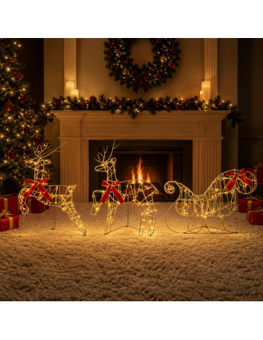 Renna di Natale con slitta 3 pz 140 LED Bianco caldo