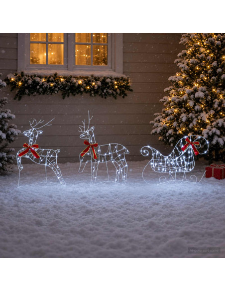 Renna di Natale con slitta 3 pz 140 LED Bianco freddo
