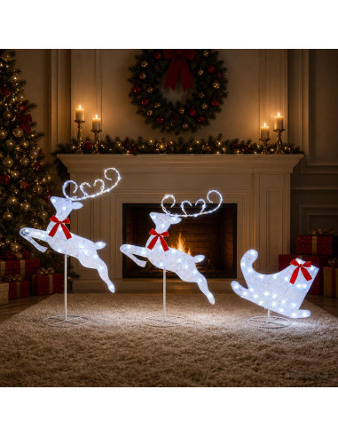 Renna di Natale con slitta 3 pz 72 LED Bianco freddo