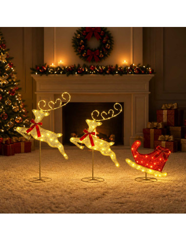 Renna di Natale con slitta 3 pz 72 LED Bianco caldo