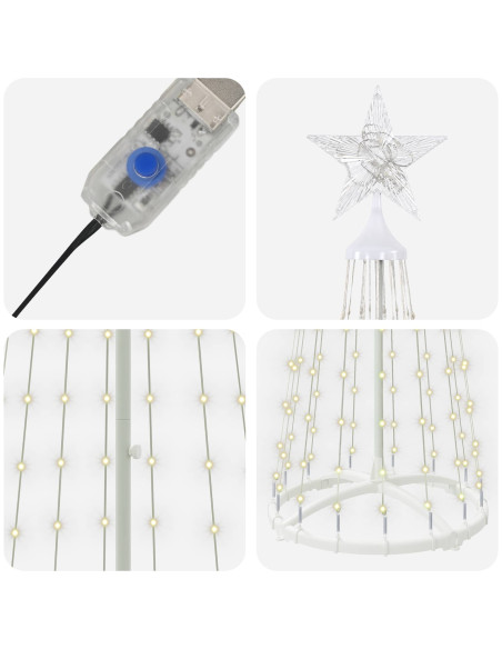 Albero di Natale a cono LED 180 cm 250 LED Bianco caldo Acciaio