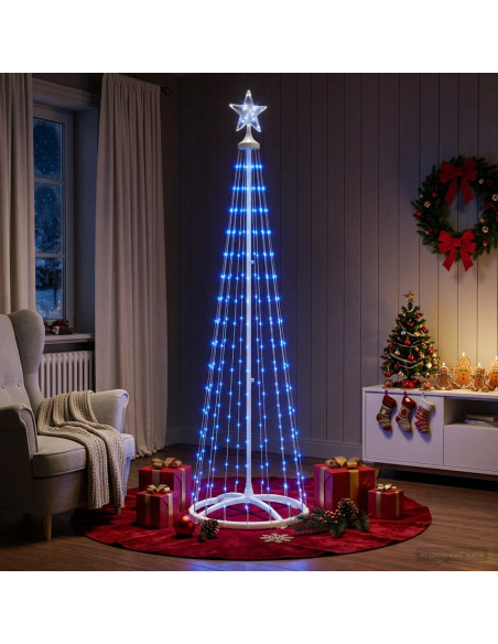 Albero di Natale a cono LED 180 cm 250 LED Blu Acciaio Bianco