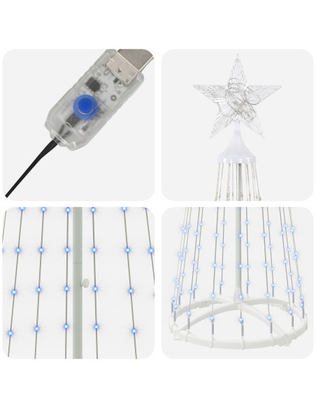 Albero di Natale a cono LED 180 cm 250 LED Blu Acciaio Bianco
