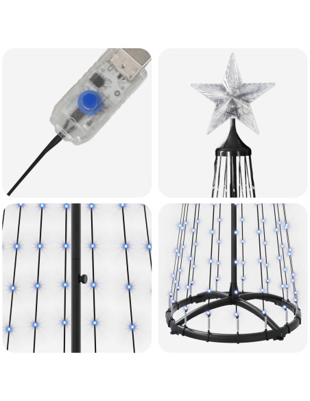 Albero di Natale a cono LED 180 cm 250 LED Blu Acciaio Bianco