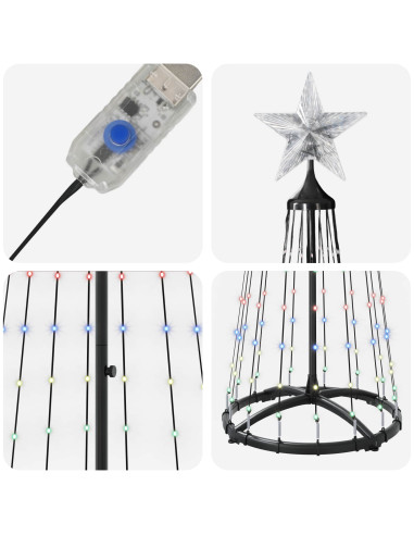 Albero di Natale a cono LED 180 cm 250 LED Multicolore Acciaio