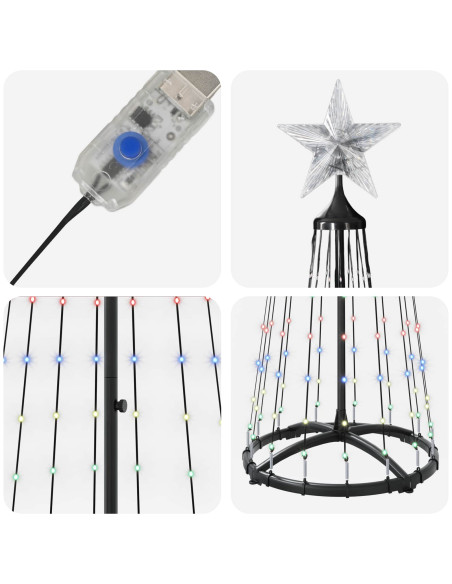 Albero di Natale a cono LED 180 cm 250 LED Multicolore Acciaio
