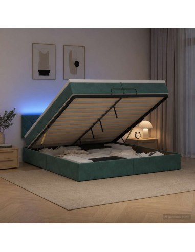 Letto Ottomano con Materasso e LED Verde Scuro 200 x 200 cm