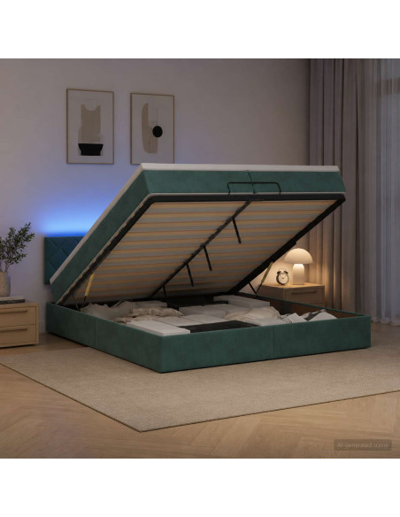 Letto Ottomano con Materasso e LED Verde Scuro 200 x 200 cm