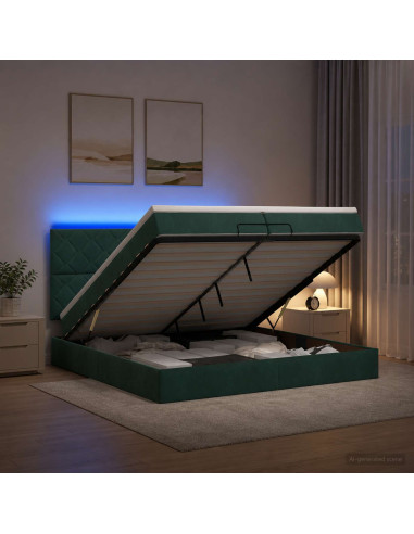Letto Ottomano con Materasso e LED Verde Scuro 200 x 200 cm