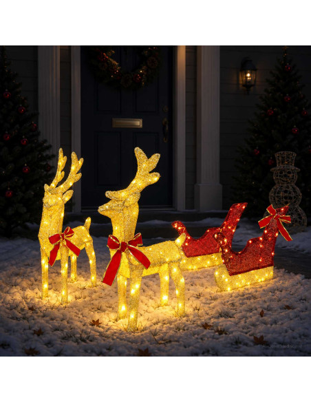 Renna di Natale 3D con slitta LOVIISA 3 pz 160 LED Bianco caldo