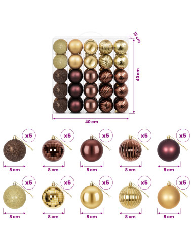 Set di Palline di Natale 50 pz Marrone e oro 8 cm Polistirolo