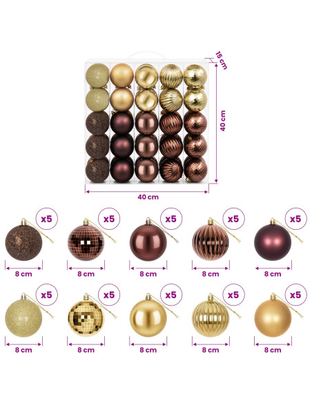 Set di Palline di Natale 50 pz Marrone e oro 8 cm Polistirolo