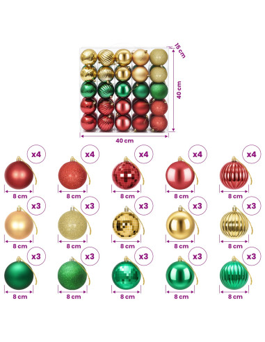Set di Palline di Natale 50 pz Rosso, oro e verde 8 cm
