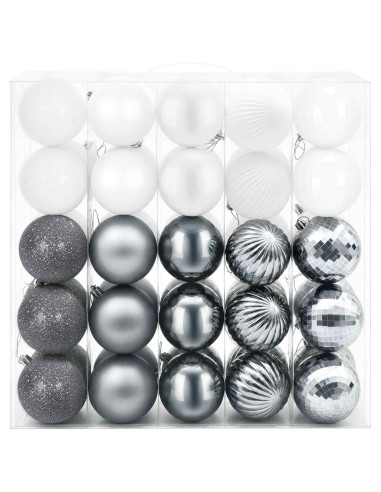 Set di Palline di Natale 50 pz Bianco e Grigio 8 cm Polistirolo