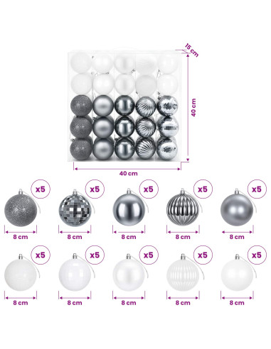 Set di Palline di Natale 50 pz Bianco e Grigio 8 cm Polistirolo
