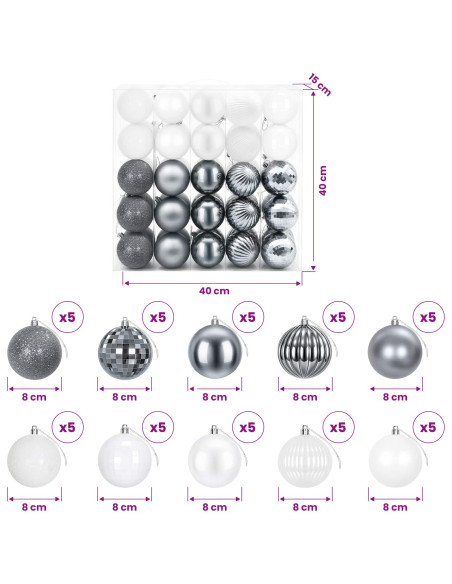 Set di Palline di Natale 50 pz Bianco e Grigio 8 cm Polistirolo