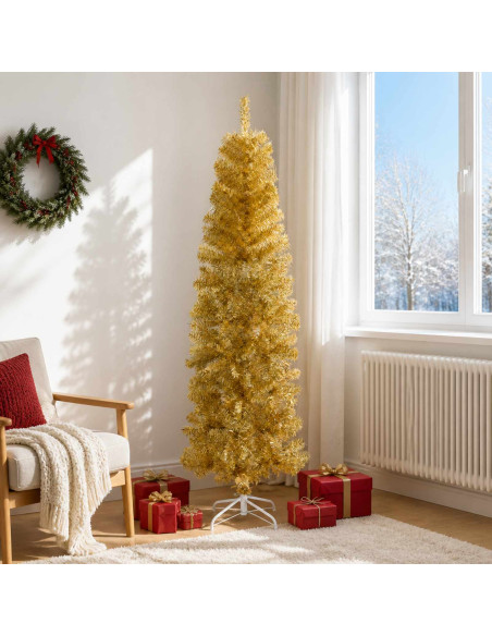 Albero di Natale Artificiale Sottile 180 cm PVC e Acciaio Oro