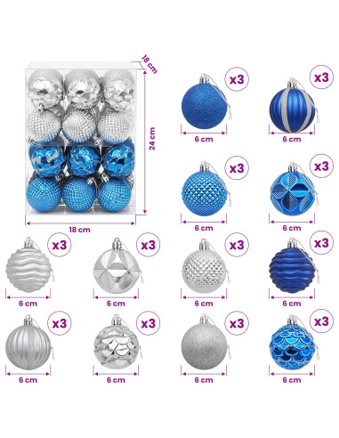 Set di Palline di Natale 36 pz Blu e argento 6 cm Polistirolo