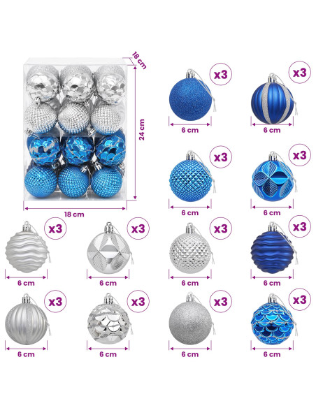 Set di Palline di Natale 36 pz Blu e argento 6 cm Polistirolo
