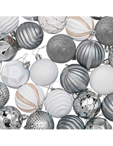 Set di Palline di Natale 36 pz Bianco e Grigio 6 cm Polistirolo
