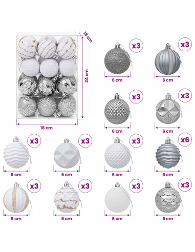 Set di Palline di Natale 36 pz Bianco e Grigio 6 cm Polistirolo