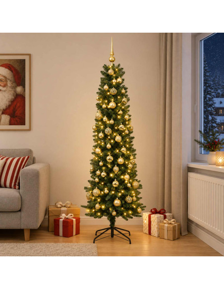 Albero di Natale Artificiale Slim con Palline 210 cm 300 LED