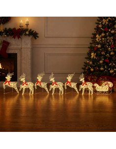 Renna di Natale con slitta 7 pz 140 LED Bianco caldo