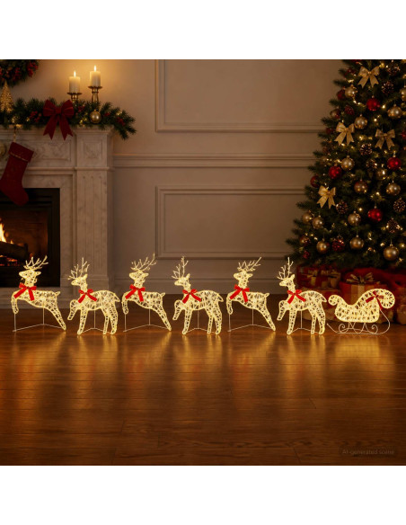 Renna di Natale con slitta 7 pz 140 LED Bianco caldo