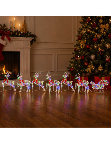 Renna di Natale con slitta 7 pz 140 LED Multicolore