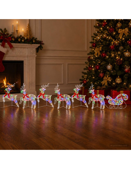 Renna di Natale con slitta 7 pz 140 LED Multicolore