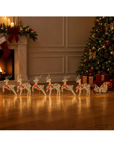 Renna di Natale con slitta 7 pz 140 LED Bianco caldo