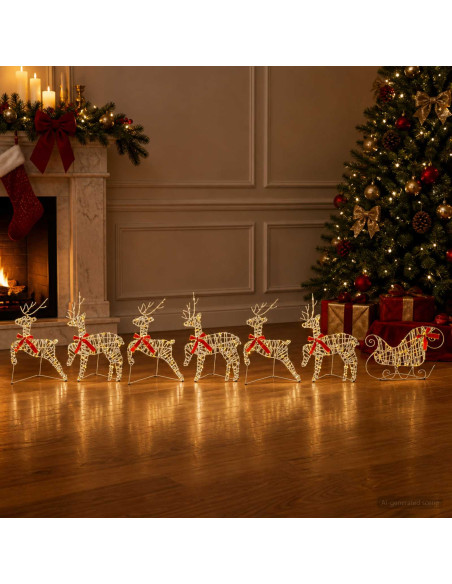 Renna di Natale con slitta 7 pz 140 LED Bianco caldo