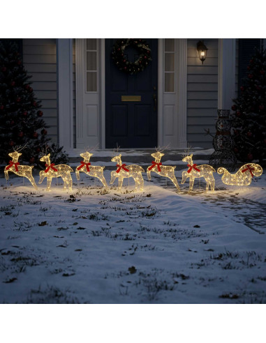 Renna di Natale con slitta 7 pz 140 LED Bianco caldo