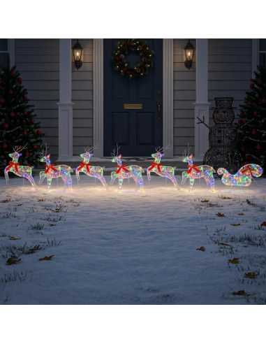 Renna di Natale con slitta 7 pz 140 LED Multicolore