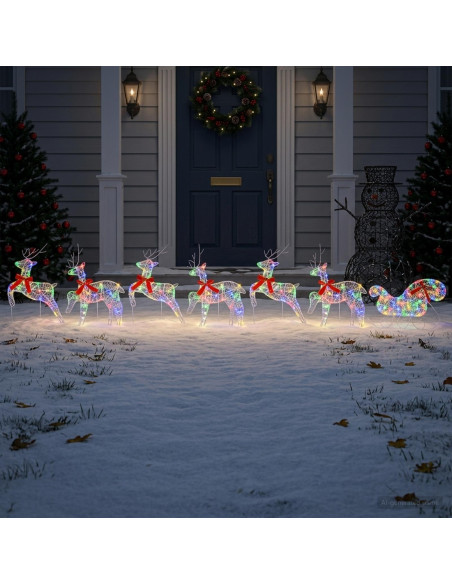Renna di Natale con slitta 7 pz 140 LED Multicolore