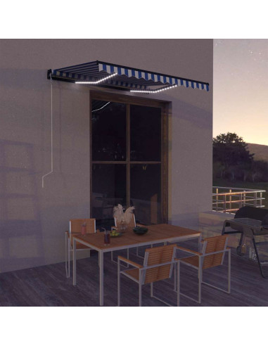 Tenda con Sensore Vento e LED 300x250 cm Blu e Bianco