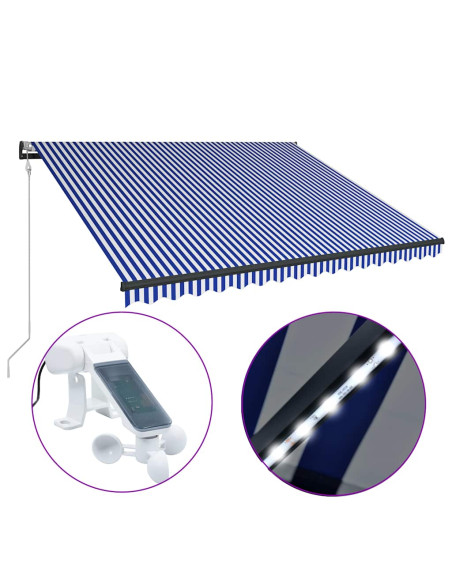 Tenda con Sensore Vento e LED 300x250 cm Blu e Bianco