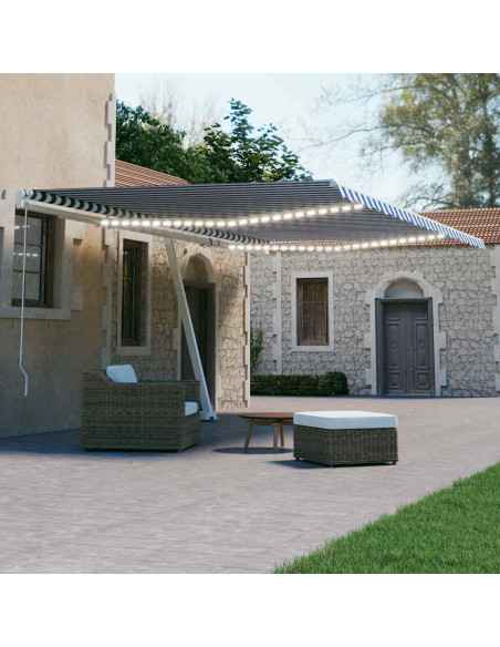 Tenda Automatica con Sensore Vento e LED 600x300 cm Blu Bianca