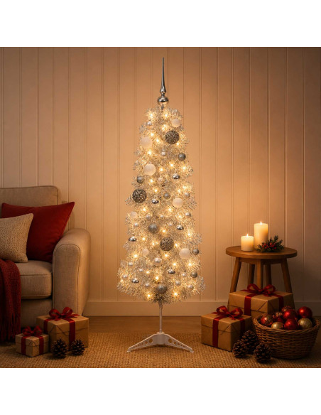 Albero di Natale Artificiale Slim con Palline 150 cm 150 LED